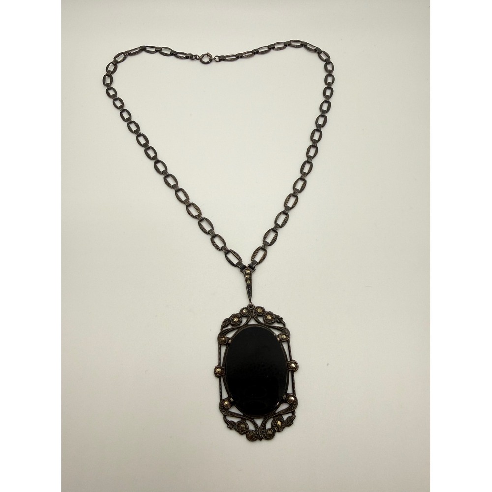 Antique Art Deco Sterling Silver Black Onyx Marcasite Pendant Necklace CW 18.5in
